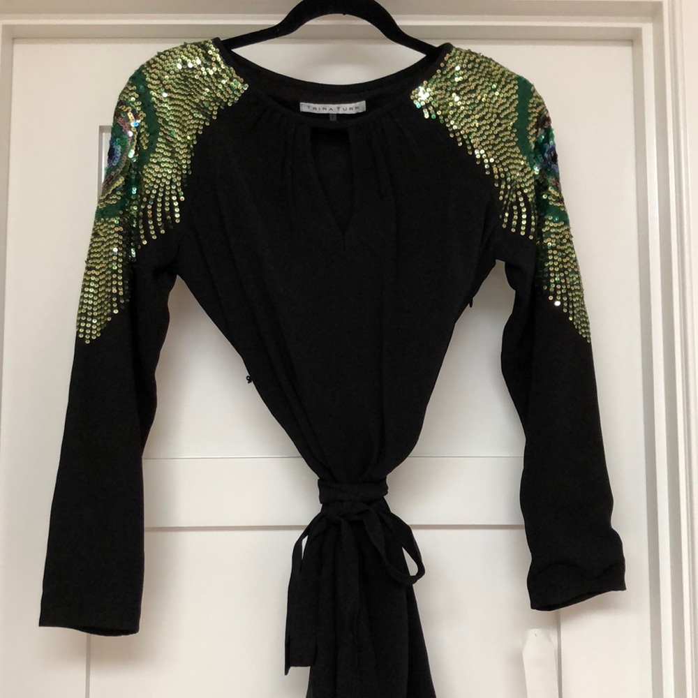 Black Dress with Green Sequin Shoulder Detail